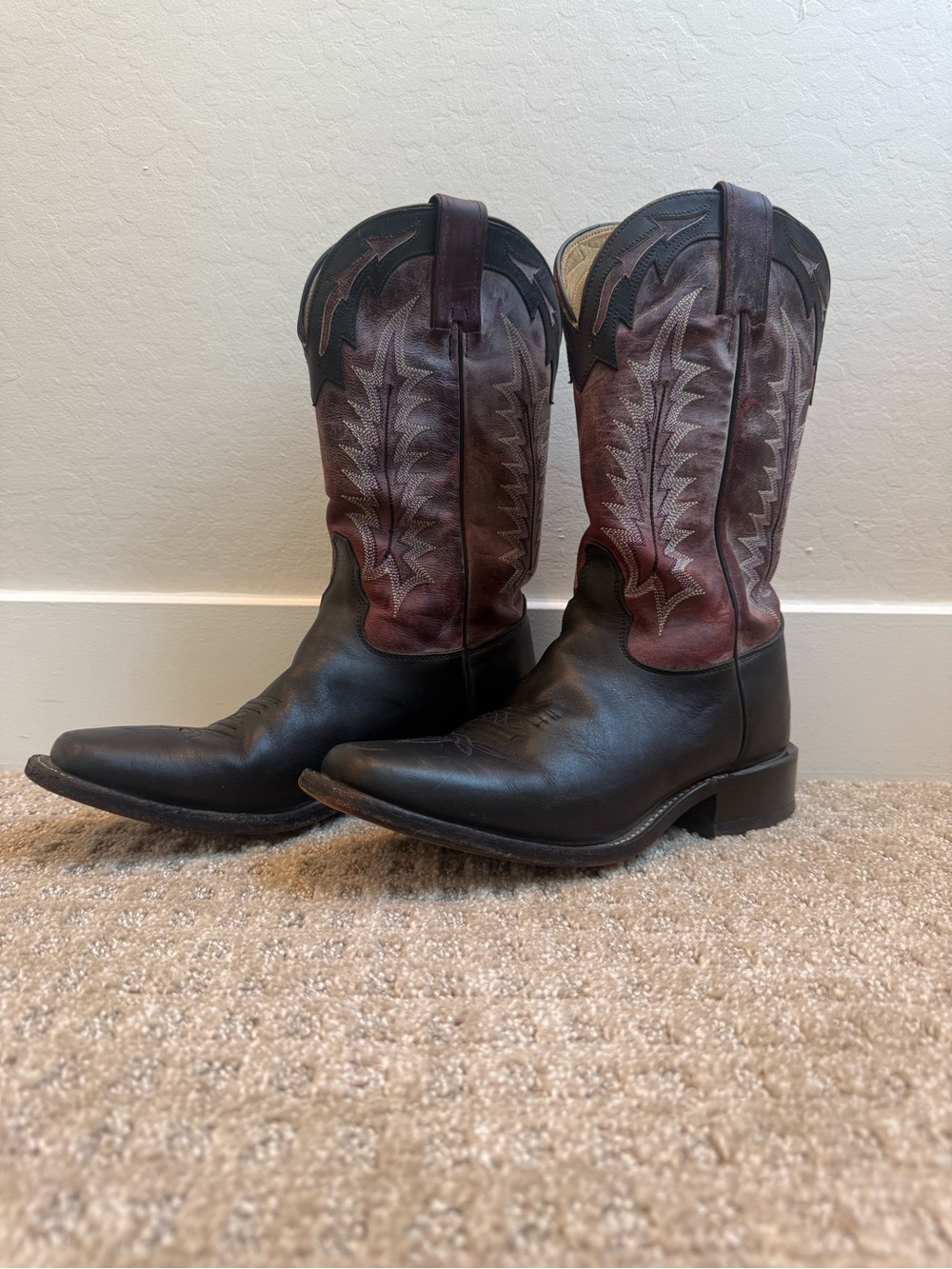 Tony Lama Black Leather Foot with Brown-Red Embroidered Shaft Cowboy Boots